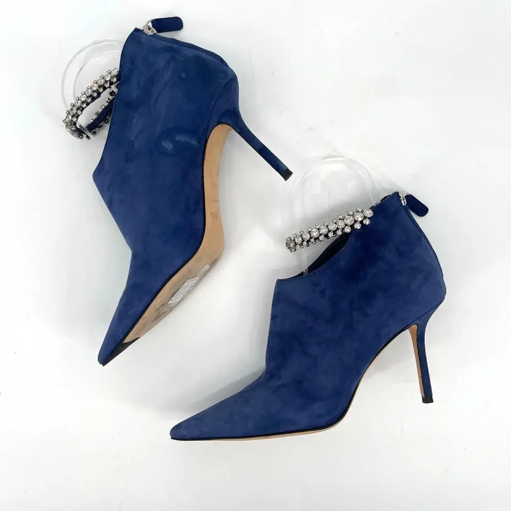 Jimmy Choo Blaize 100 Navy Blue Suede Ankle Bootie Crystal Strap size IT 37